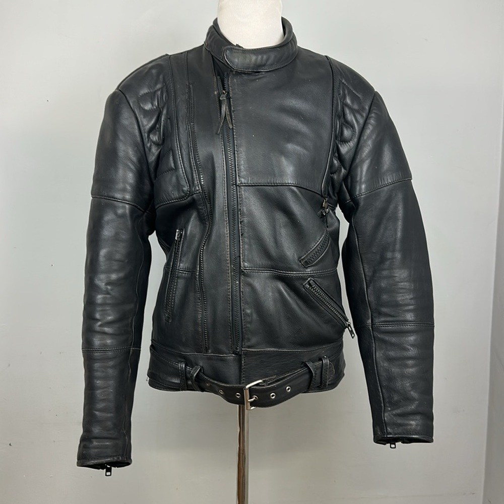 Vintage Louis Design Intl Black Leather Motorcycle Biker Jacket Sz 50/US M